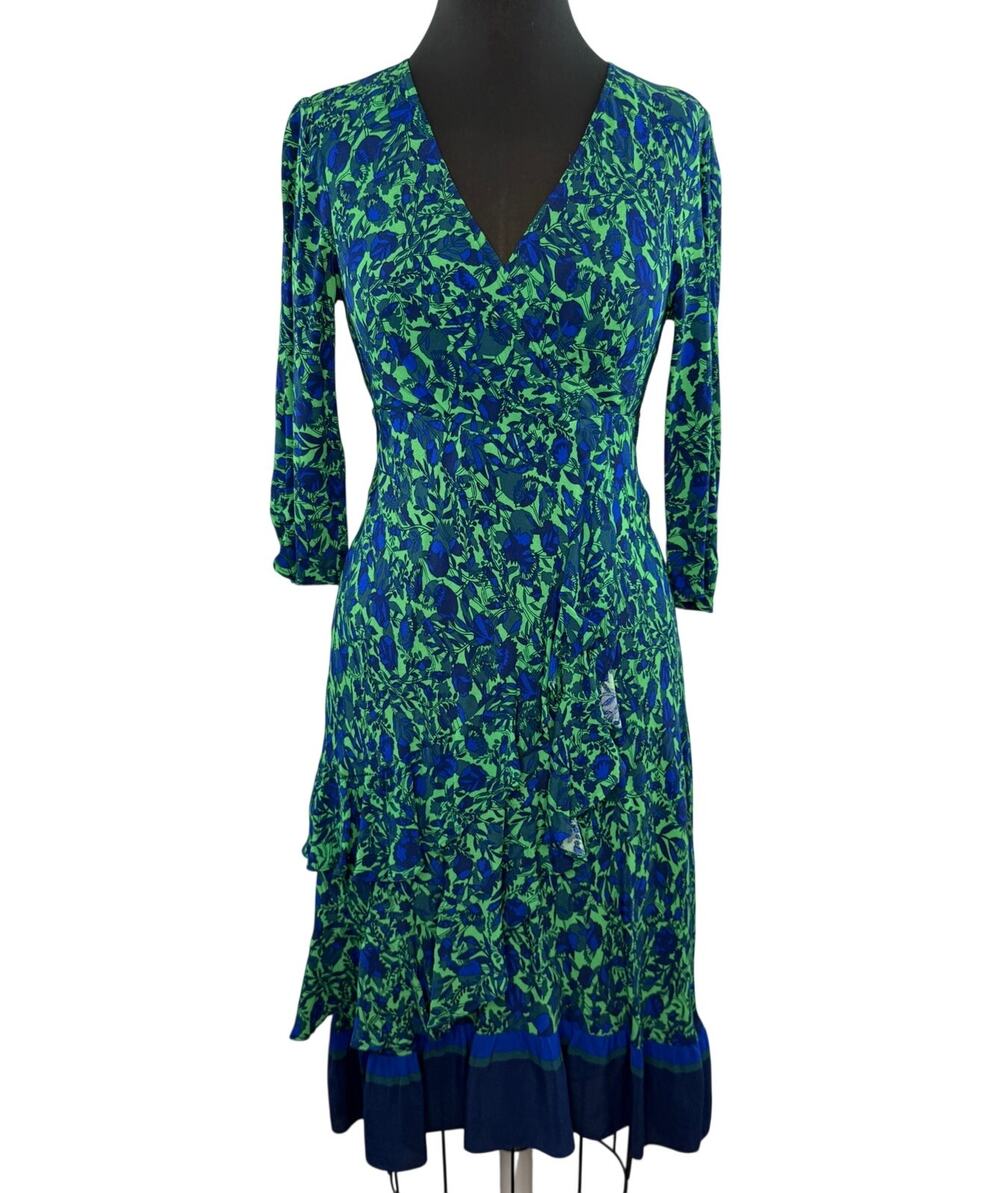 Anthropologie MAEVE Blue Green Faux Wrap Dress Prunella Floral Ruffle Ruched 2P